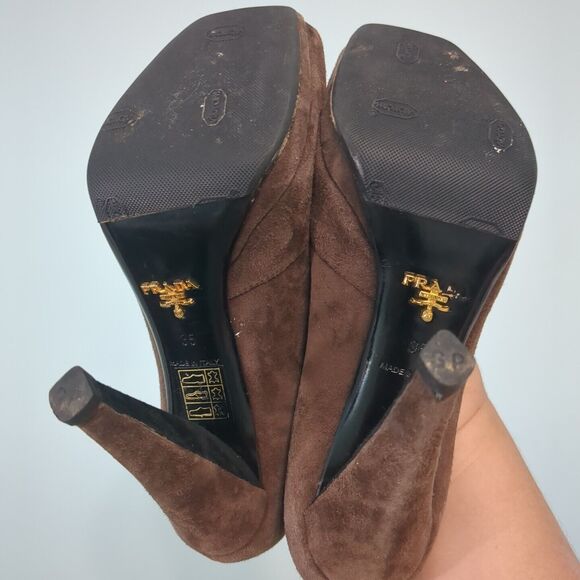 PRADA Womens Size US 5 EUR 35 Brown Suede Flap Platform Pumps Open Toe Italy - Picture 5 of 6